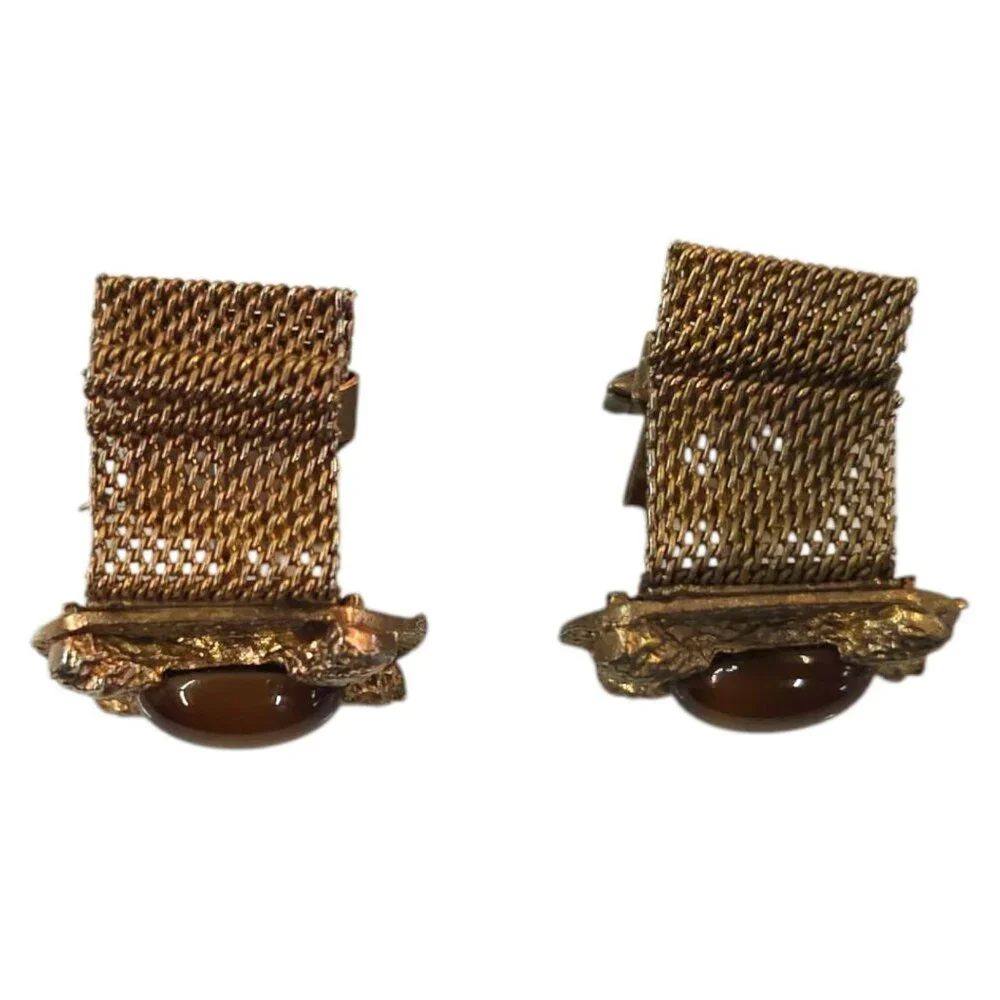 Vintage Cats Eye Chainmail Cufflinks Rectangle Bronze Tone Men Brown MCM Jewelry